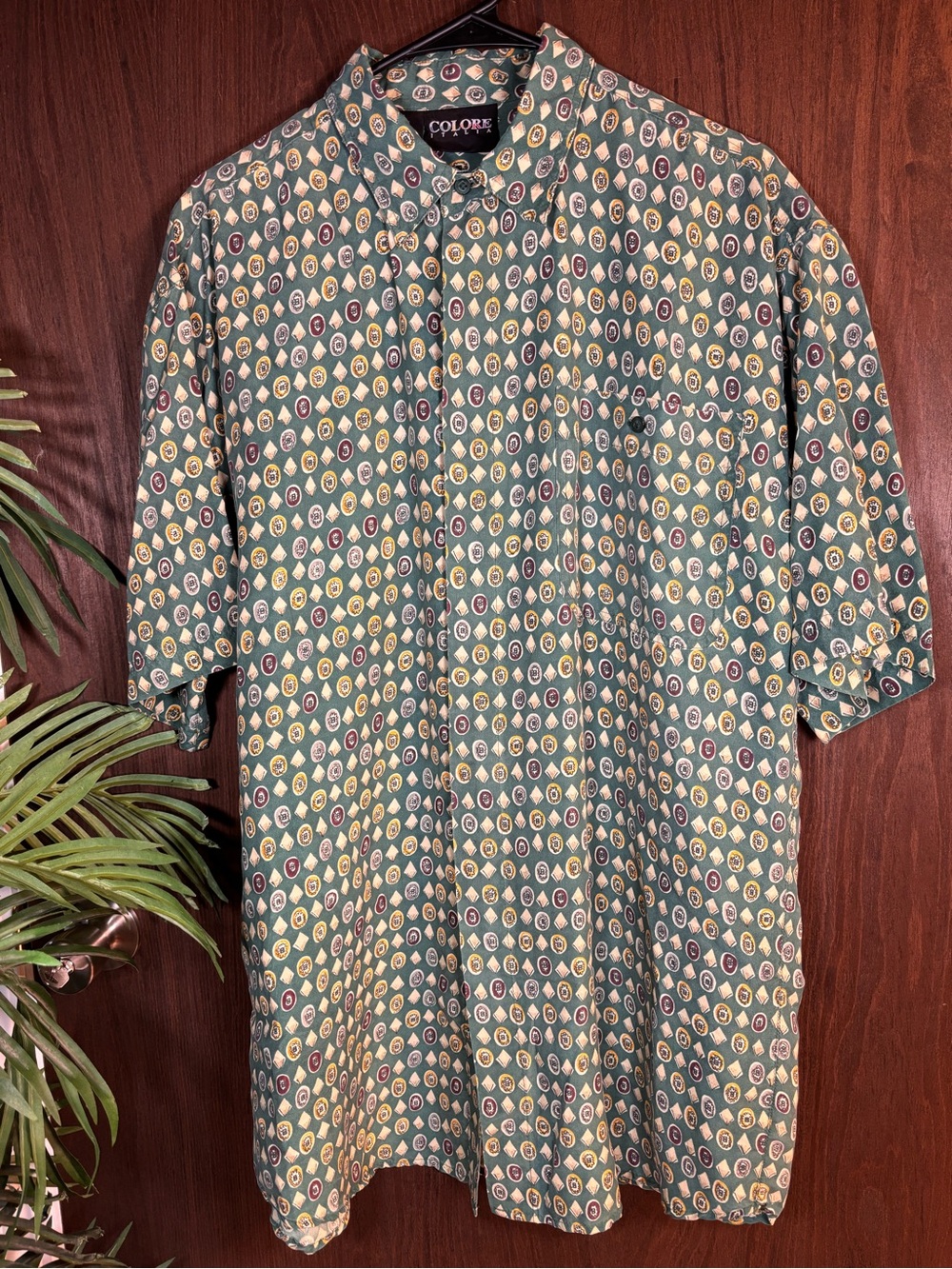 COLORE Italia 100% Silk Button Up Shirt Size M Green Medallion Print Vintage